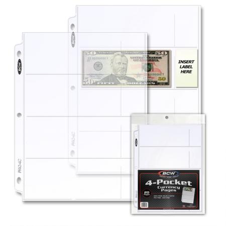 BCW Polypropylene Pages -- 4 Currency Pockets -- Pack of 20