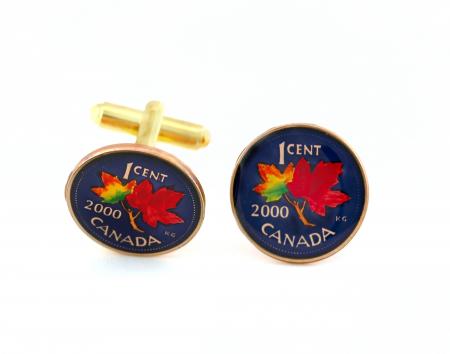 Hand Painted Canada 1 Cent Maple Leaf Cuff Links