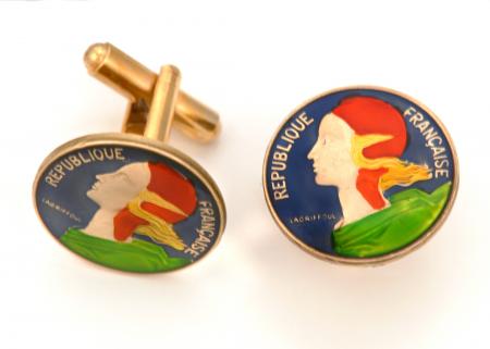Hand Painted France 5 Centimes Cuff Links