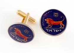 Hand Painted Israel 1/2 Sheqel Lion and Menorah Cuff Links