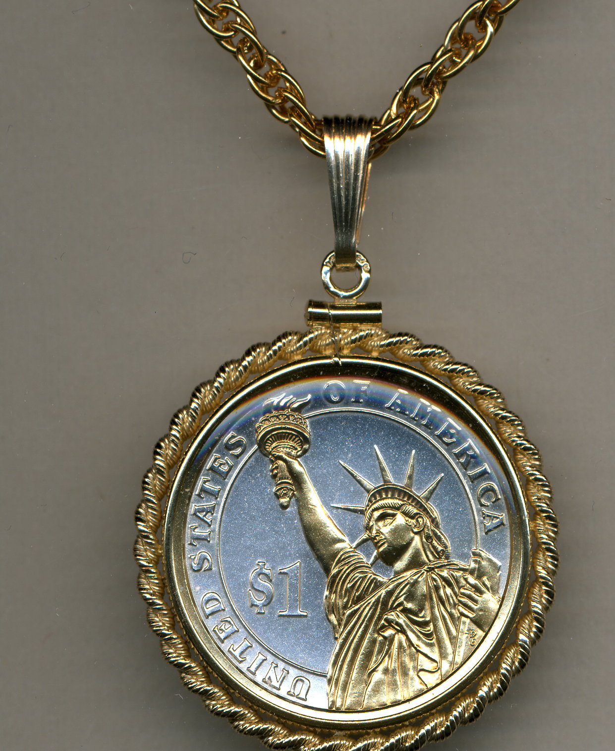 Gold on Silver Statue of Liberty Presidential Dollar Necklace