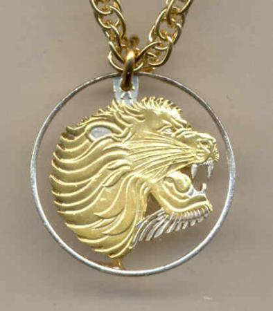 Gold on Silver Ethiopia 10 Cent Lion Cut Coin Necklace