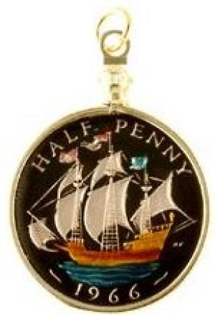 Hand Painted British 1/2 Penny Sailing Ship Pendant