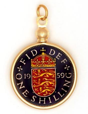 Hand Painted British 1 Shilling Lions and Shield Pendant