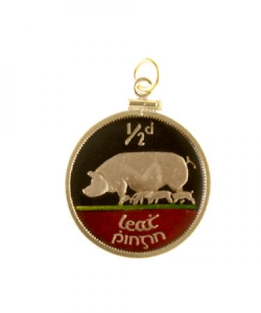 Hand Painted Ireland 1/2 Penny Pig and Piglets Pendant
