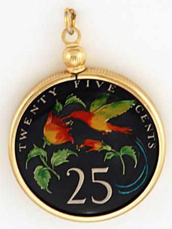 Hand Painted Jamaica 25 Cent Hummingbird Pendant