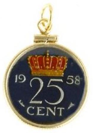 Hand Painted Netherlands 25 Cent Crowned Value Pendant
