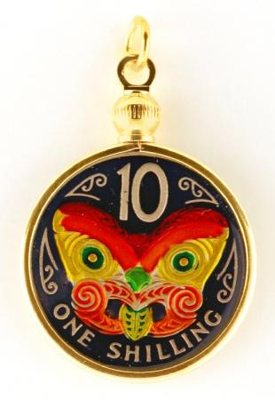 Hand Painted New Zealand 10 Cent Maori Mask Pendant