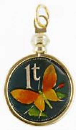 Hand Painted Papa New Guinea 1 Toea Butterfly Pendant