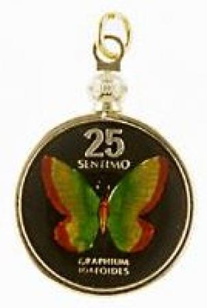Hand Painted Philippines 25 Centimos Butterfly Pendant