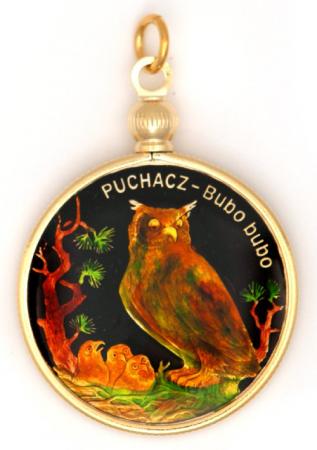 Hand Painted Poland 2 Zloty Owl Pendant