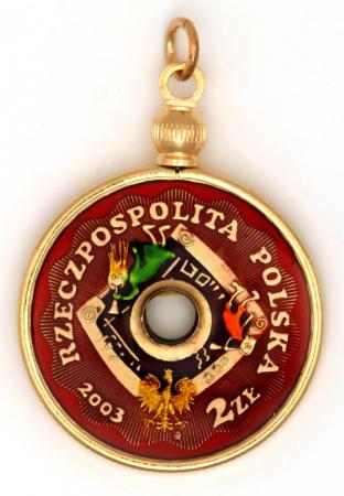 Hand Painted Poland 2 Zloty Children on Square (Hole in the Middle) Pendant