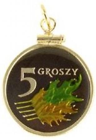 Hand Painted Poland 5 Groszy Leaf Pendant