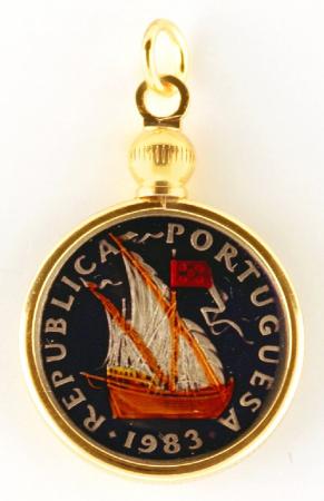 Hand Painted Portugal 10 Escudos Ship Pendant