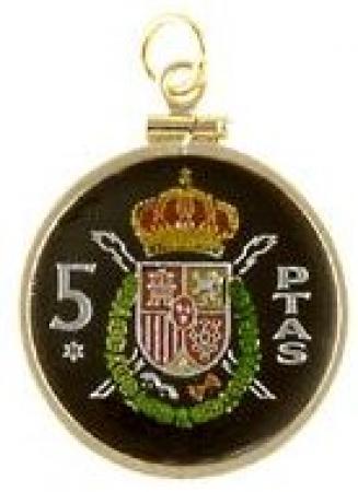 Hand Painted Spain 5 Pesetas Crown and Shield Pendant