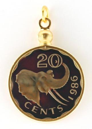 Hand Painted Swaziland 20 Cent Elephant Pendant