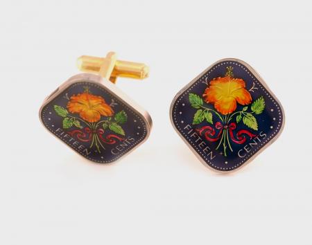 Hand Painted Bahamas 15 Cents Hibiscus Cuff Links