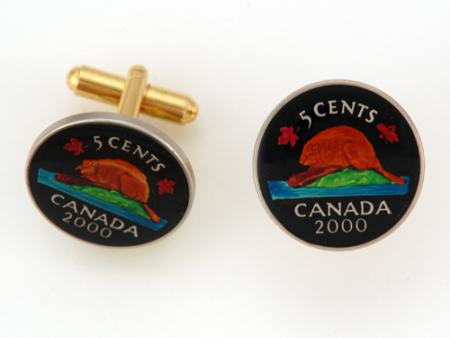 Hand Painted Canada 5 Cent Beaver Cuff Links