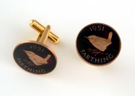 Hand Painted British 1 Farthing Wren (Black) Cuff Links