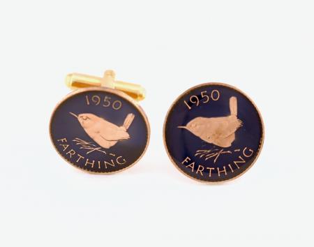 Hand Painted British 1 Farthing Wren (Blue) Cuff Links