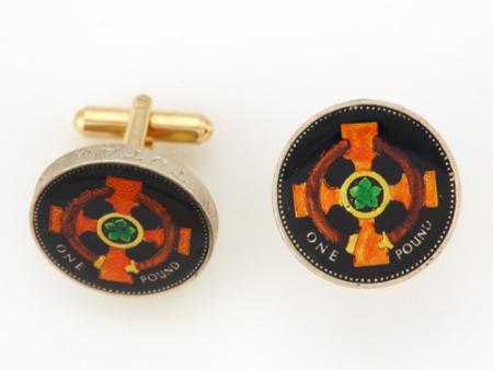 Hand Painted British 1 Pound Celtic Collar on Cross Cuff Links