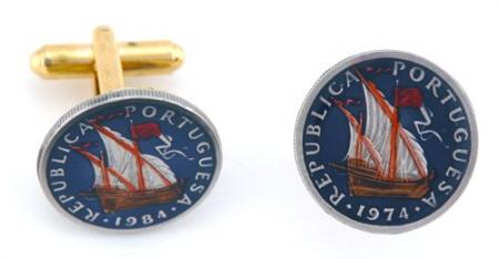 Hand Painted Portugal 2 1/2 Escudos Ship Cuff Links