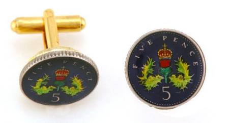 Hand Painted Scotland 5 Pence Crown and Thistle Cuff Links
