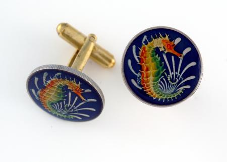 Hand Painted Singapore 10 Cent Sea Horse Cuff Links