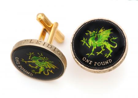 Hand Painted Wales 1 Pound Green Dragon Cuff Links