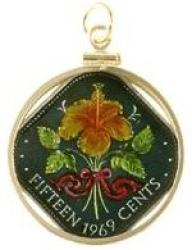 Hand Painted Bahamas 15 Cent Hibiscus Pendant