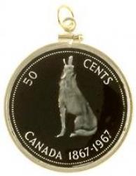 Hand Painted Canada 50 Cent Wolf Pendant