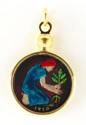 Hand Painted Germany 50 Pfenning Planting Lady Pendant