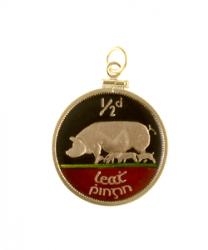 Hand Painted Ireland 1/2 Penny Pig and Piglets Pendant