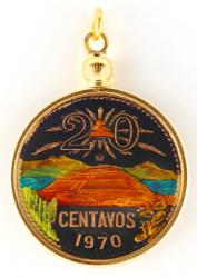 Hand Painted Mexico 20 Centavos Mountains and Temple Pendant