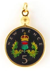 Hand Painted Scotland 5 New Pence Crown and Thistle Pendant
